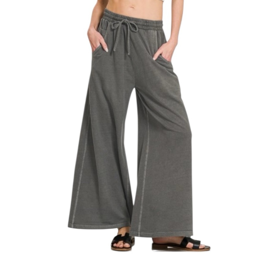 383. Women's Black comfy French Terry Wide-Leg Pants NEW - Picture 2 of 3